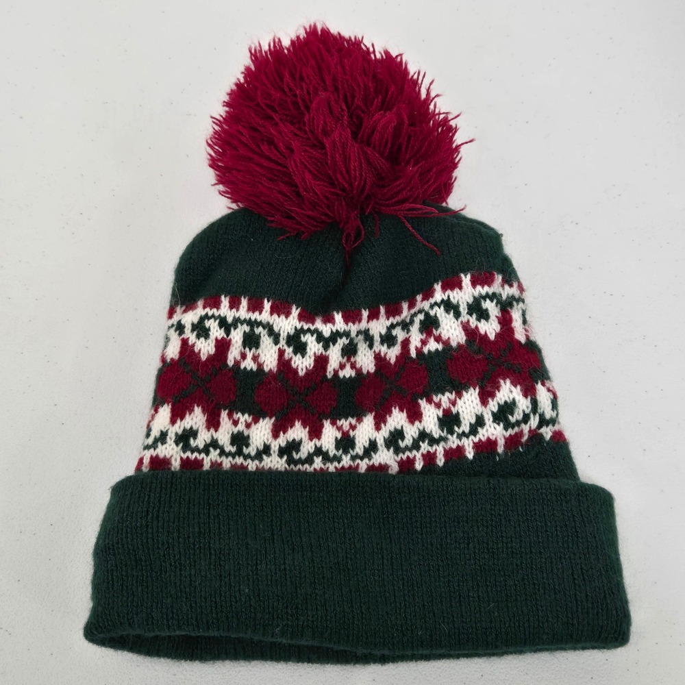 Kids Fair Isle Pom Pom Beanie Hat Green Red White Winter Knit Acrylic 90s vibes